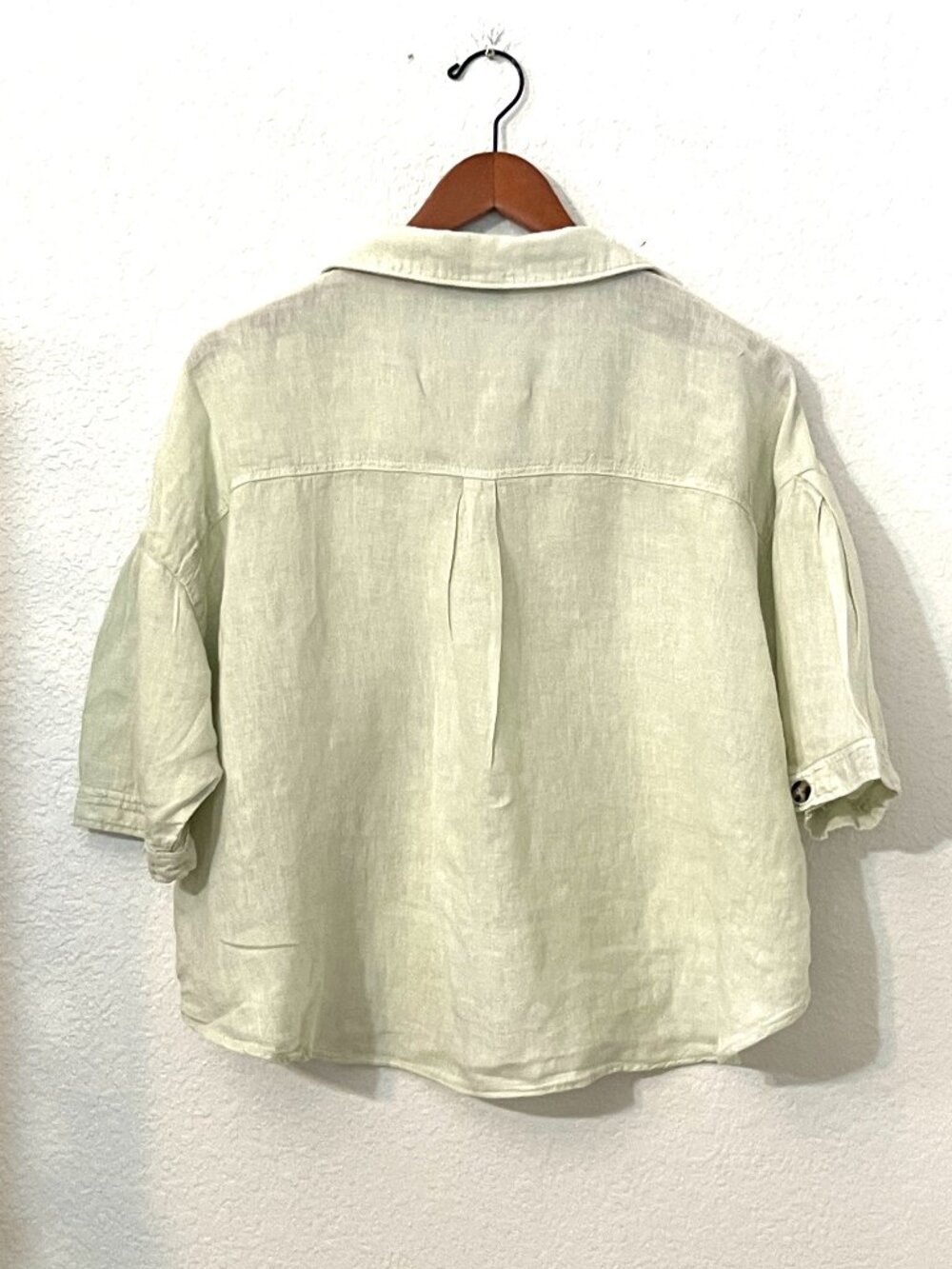 Zara Womens Linen Button Up Shirt Size L Green Cropped Short Sleeve Casual Top - Picture 3 of 7